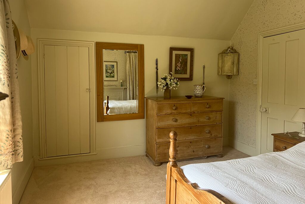 Bedroom with a wooden bed, dresser, mirror and bedside lamp