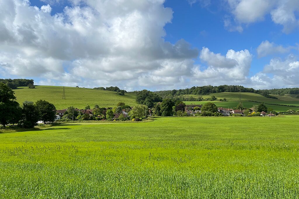 Rolling hills, green fields and scattered houses